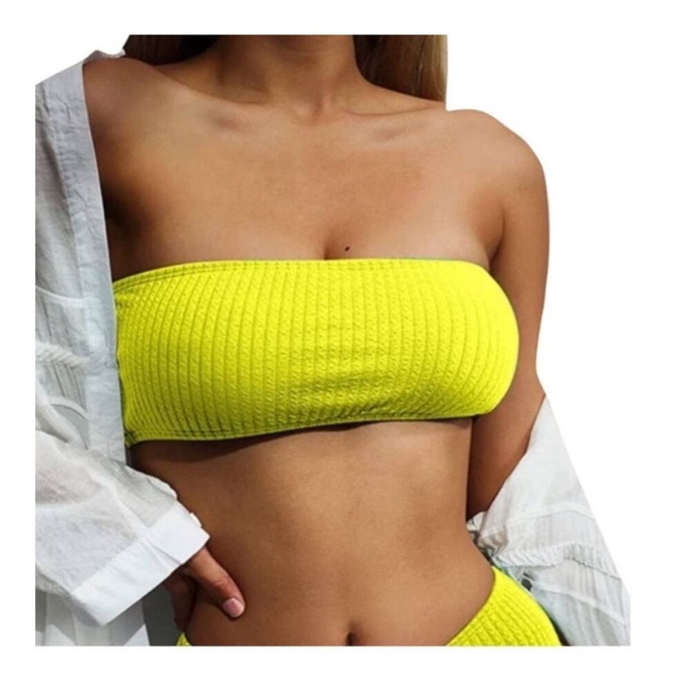 Good American Crinkle Basic Bandeau Bikini Top Electric Yellow‎ Size S/M